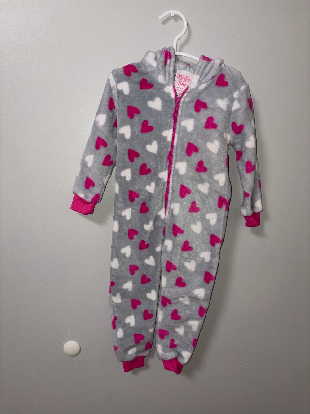 Mon Petit Gray Pink Hearts Fuzzy Fleece Llama Face Hooded Zip Up Jumpsuit 24M